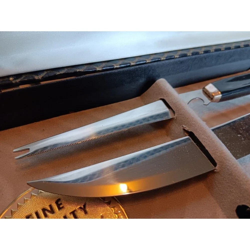 Vintage 1950 MCM Imperial Stainless 6 Carving Steak Knives & Meat Fork Set of 9